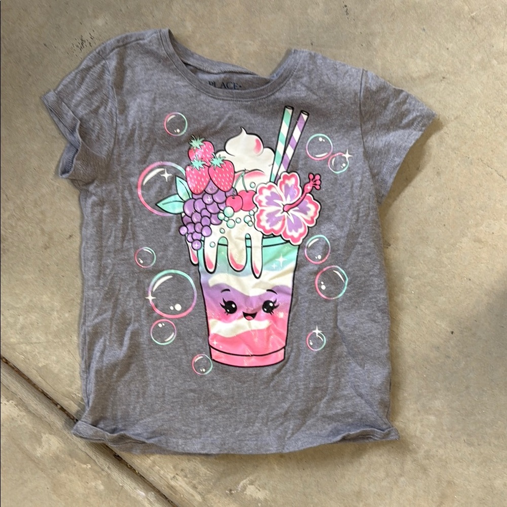 Place Gray and Pink Short Sleeve Tee with Kawaii Drink Design